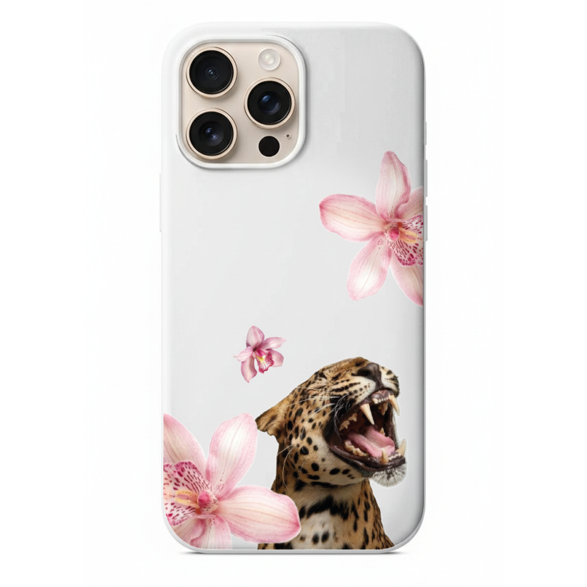 Tropical Roar Kükreyen Leopar ve Pembe Orkide Detaylı Telefon Kılıfı (WV02)