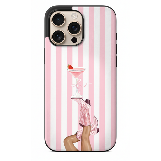Pembe Çizgili Kovboy Çizmeli ve Kokteylli Tasarım Telefon Kılıfı (WV120)