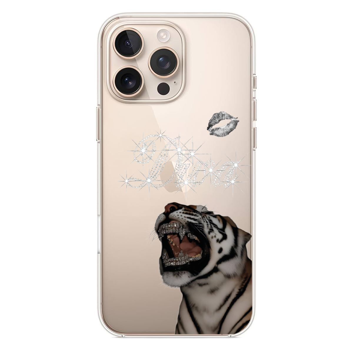 Diamond Tiger Mücevher Detaylı Kaplan ve Işıltılı Luxe Yazılı Tasarım Kılıf (WV19)