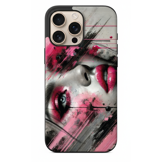 Neon Muse Sanatsal Makyajlı Kadın Portresi ve Pembe-Siyah Soyut Tasarım Kılıf (SV23)