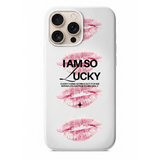 Lucky Charm Serisi I Am So Lucky Yazılı ve Pembe Dudak Temalı Manifest Kılıf (SV21)