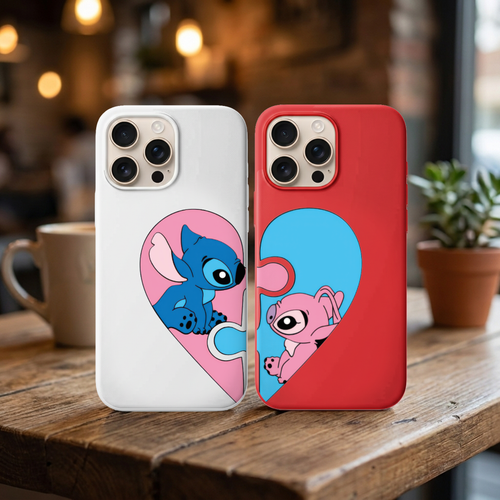 Stitch Ve Angel Yapboz Kalp Figürlü Sevgili Çift Telefon Kılıfı Seti