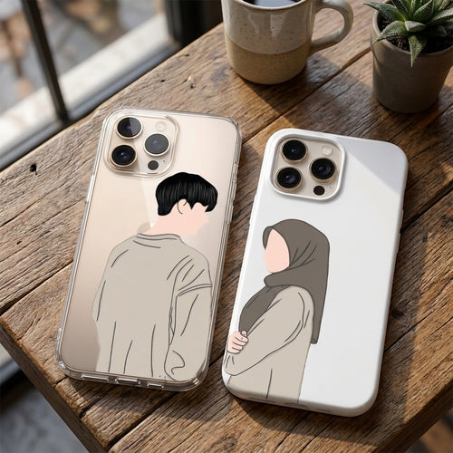 Tesettürlü Kız Ve Erkek İllüstrasyonlu İkili Sevgili Telefon Kılıfı Seti