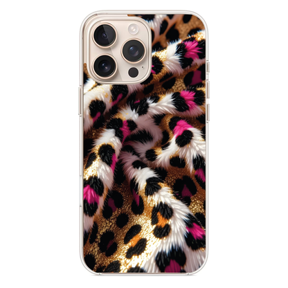 Pembe Detaylı ve Yumuşak Dokulu Peluş Leopar Desenli Telefon Kılıfı (WV51)