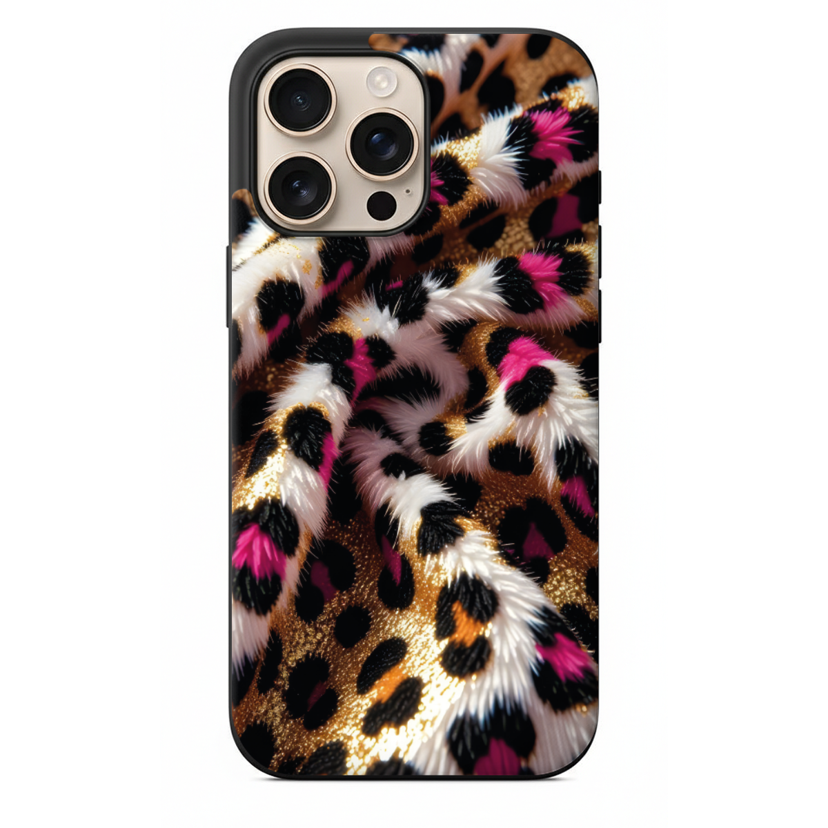 Pembe Detaylı ve Yumuşak Dokulu Peluş Leopar Desenli Telefon Kılıfı (WV51)