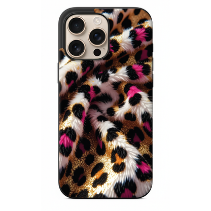 Pembe Detaylı ve Yumuşak Dokulu Peluş Leopar Desenli Telefon Kılıfı (WV51)