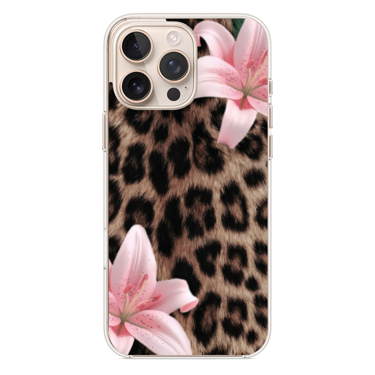 Vahşi Zarafet Leopar Desenli ve Pembe Zambak Detaylı Telefon Kılıfı (WV58)