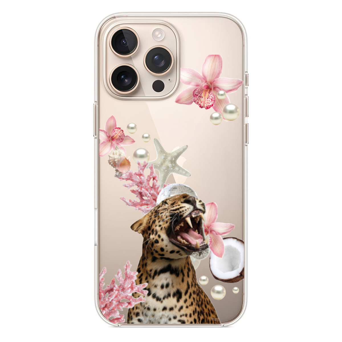 Tropical Safari Leopar, Mercan ve İnci Detaylı Egzotik Kolaj Tasarımlı Telefon Kılıfı (WV59)