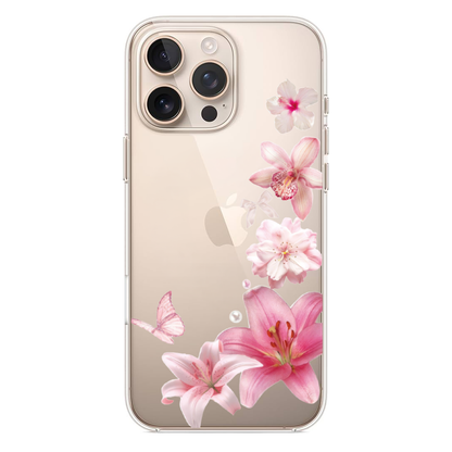 Pink Blossom Estetik Pembe Zambaklar ve Kelebek Detaylı Telefon Kılıfı (WV61)