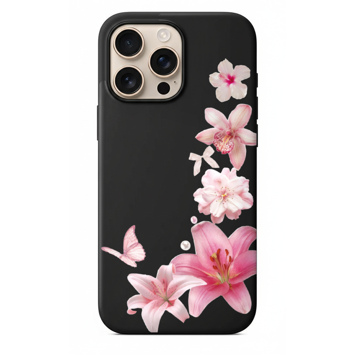Pink Blossom Estetik Pembe Zambaklar ve Kelebek Detaylı Telefon Kılıfı (WV61)