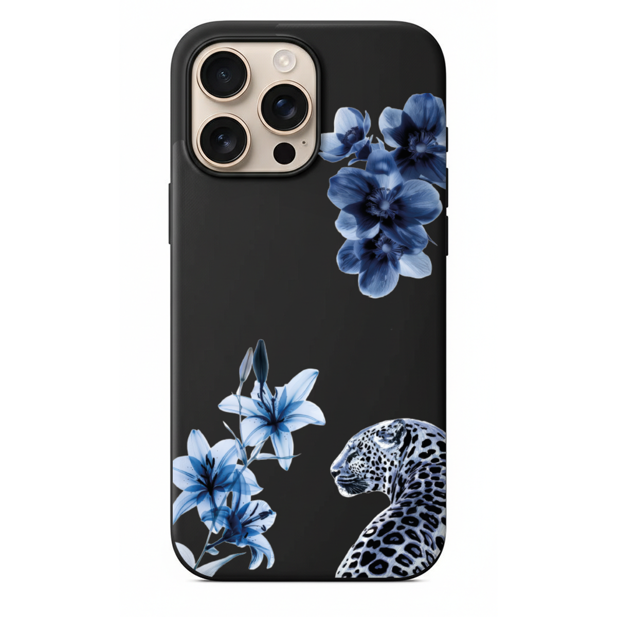 Zarafetin Gücü X-Ray Efektli Mavi Çiçekler ve Leopar Desenli Telefon Kılıfı (WV57)