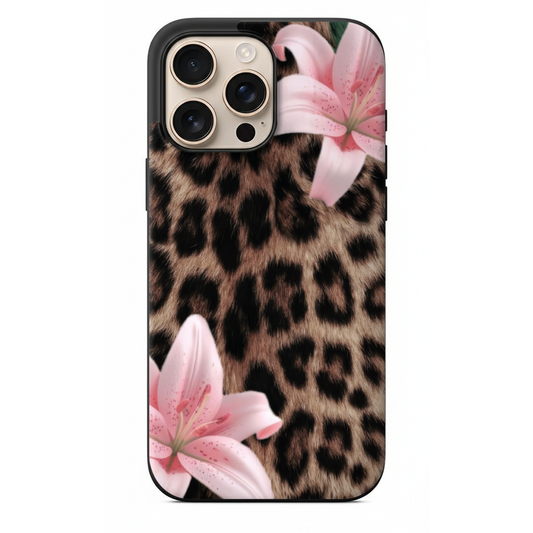 Vahşi Zarafet Leopar Desenli ve Pembe Zambak Detaylı Telefon Kılıfı (WV58)