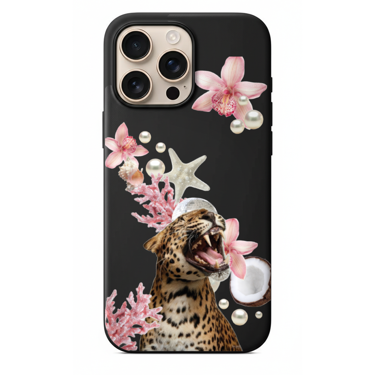 Tropical Safari Leopar, Mercan ve İnci Detaylı Egzotik Kolaj Tasarımlı Telefon Kılıfı (WV59)