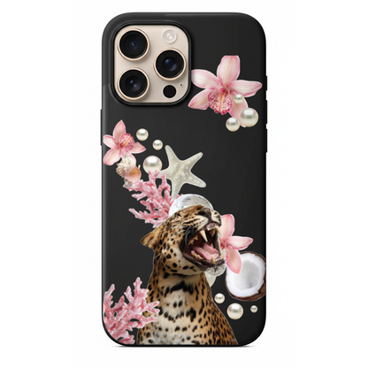 Tropical Safari Leopar, Mercan ve İnci Detaylı Egzotik Kolaj Tasarımlı Telefon Kılıfı (WV59)