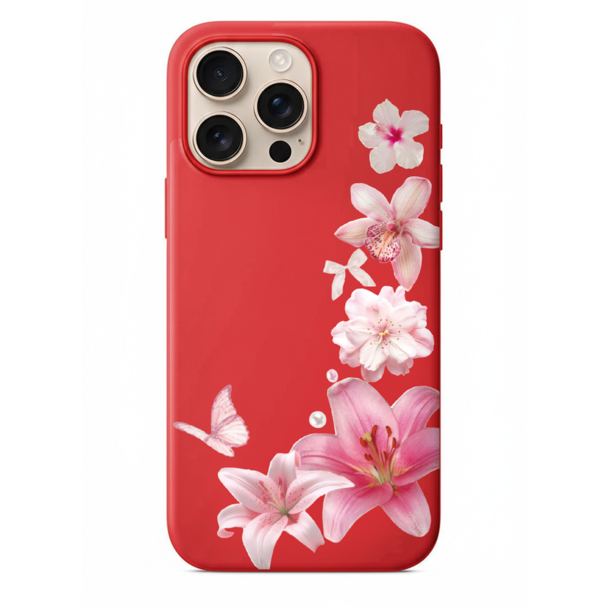 Pink Blossom Estetik Pembe Zambaklar ve Kelebek Detaylı Telefon Kılıfı (WV61)