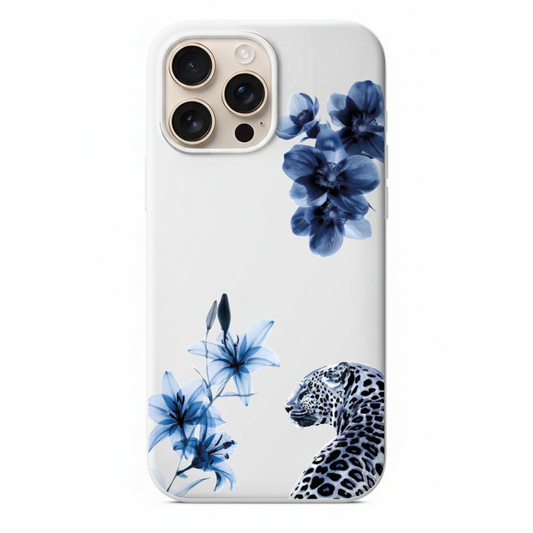 Zarafetin Gücü X-Ray Efektli Mavi Çiçekler ve Leopar Desenli Telefon Kılıfı (WV57)