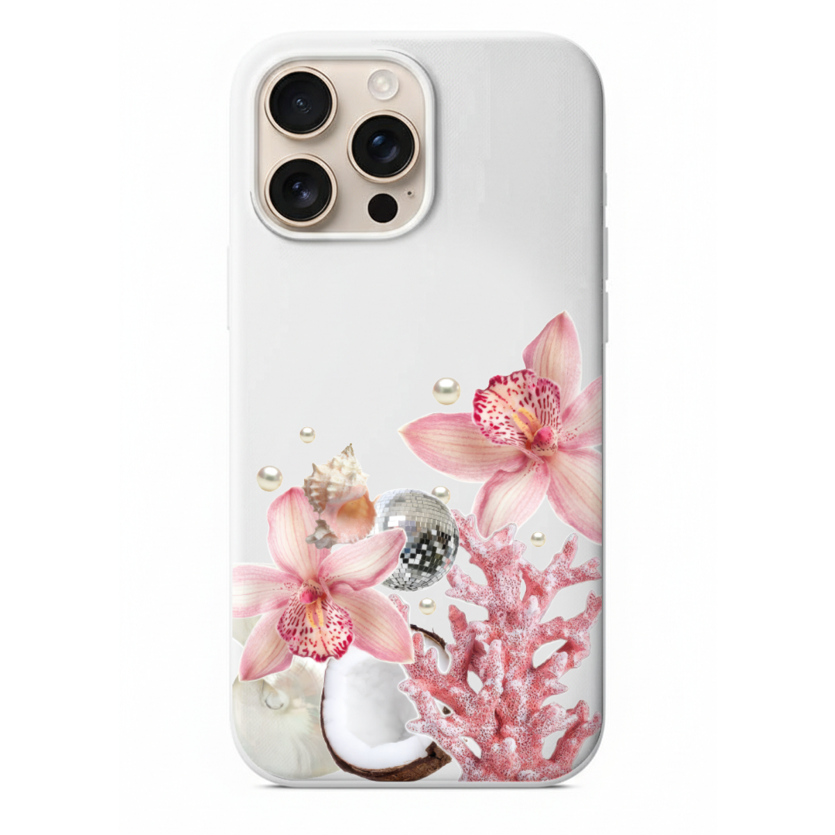 Ocean Bloom Pembe Mercan, Orkide ve Deniz Kabuğu Detaylı Telefon Kılıfı (WV60)