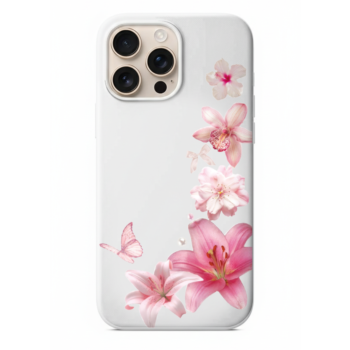 Pink Blossom Estetik Pembe Zambaklar ve Kelebek Detaylı Telefon Kılıfı (WV61)