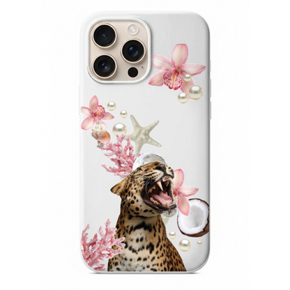 Tropical Safari Leopar, Mercan ve İnci Detaylı Egzotik Kolaj Tasarımlı Telefon Kılıfı (WV59)