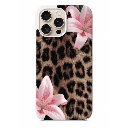 Vahşi Zarafet Leopar Desenli ve Pembe Zambak Detaylı Telefon Kılıfı (WV58)