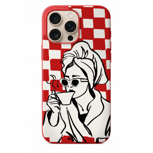 Kırmızı Dama Desenli Bornozlu Retro Kadın Telefon Kılıfı (SV48)