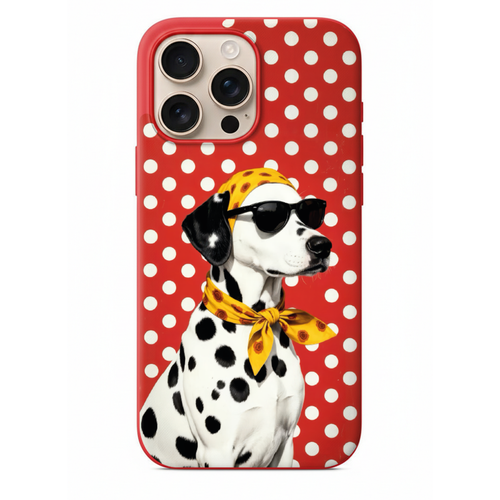 Güneş Gözlüklü Dalmaçyalı Köpek Desenli Kırmızı Puantiyeli Telefon Kılıfı (HC52)