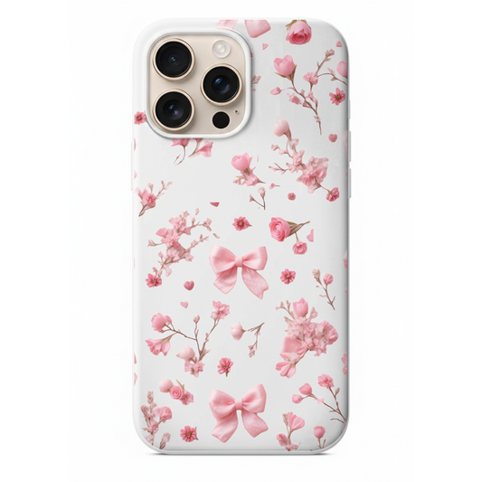 Pembe Kurdele ve Çiçek Tasarımlı Coquette Telefon Kılıfı  Estetik Seri (WV34)
