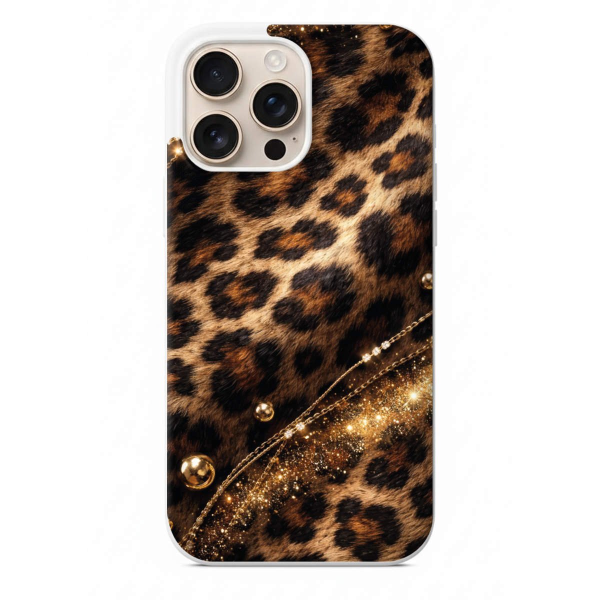 Altın Zincir Detaylı İhtişamlı Leopar Telefon Kılıfı (WV44)
