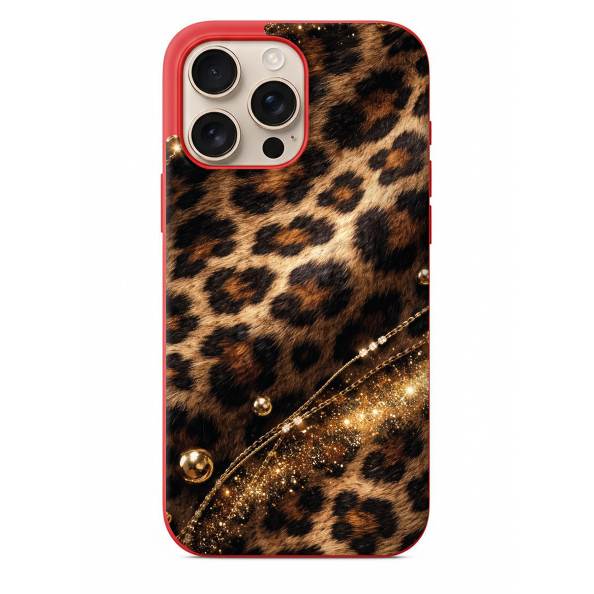 Altın Zincir Detaylı İhtişamlı Leopar Telefon Kılıfı (WV44)