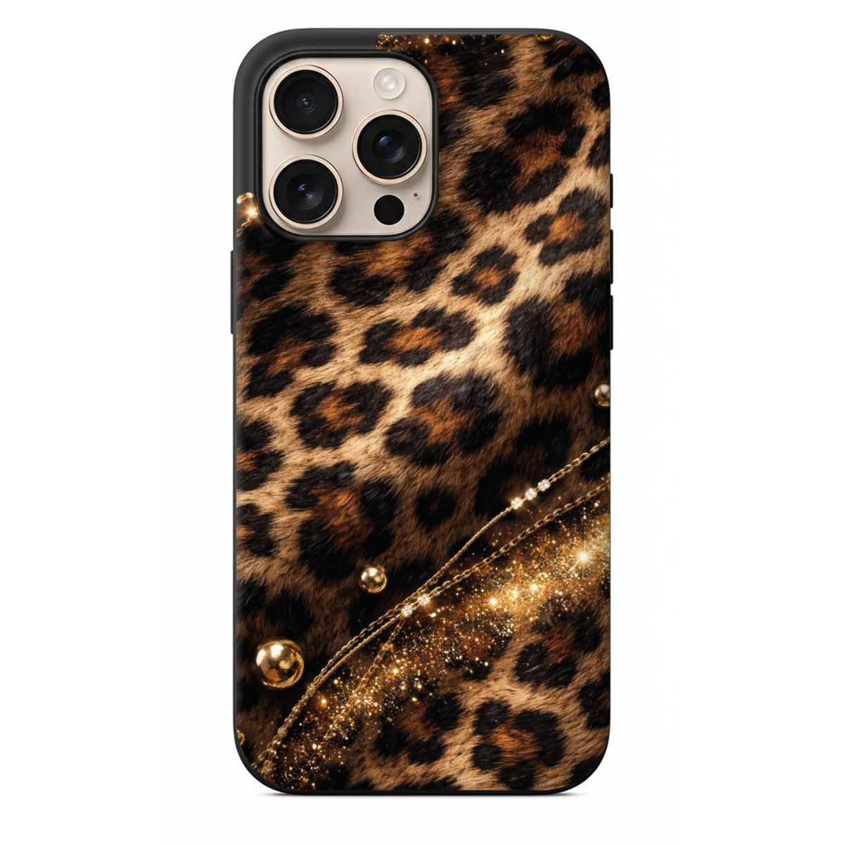 Altın Zincir Detaylı İhtişamlı Leopar Telefon Kılıfı (WV44)