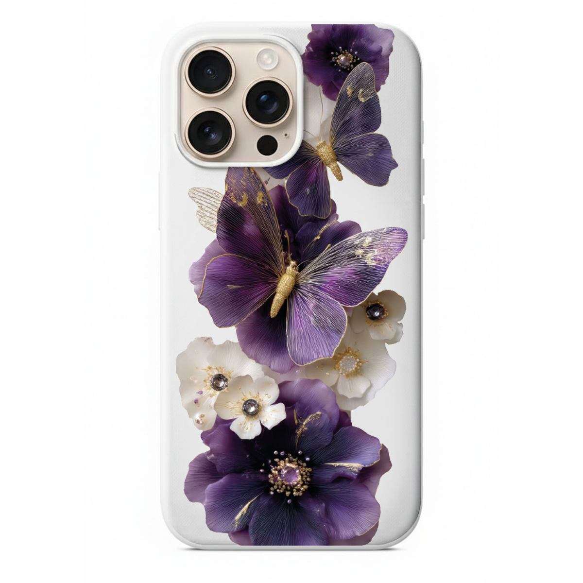 Mor Kelebek ve Altın Detaylı Estetik Telefon Kılıfı - Luxury Floral Özel Seri Lansman Kapak (WV24)