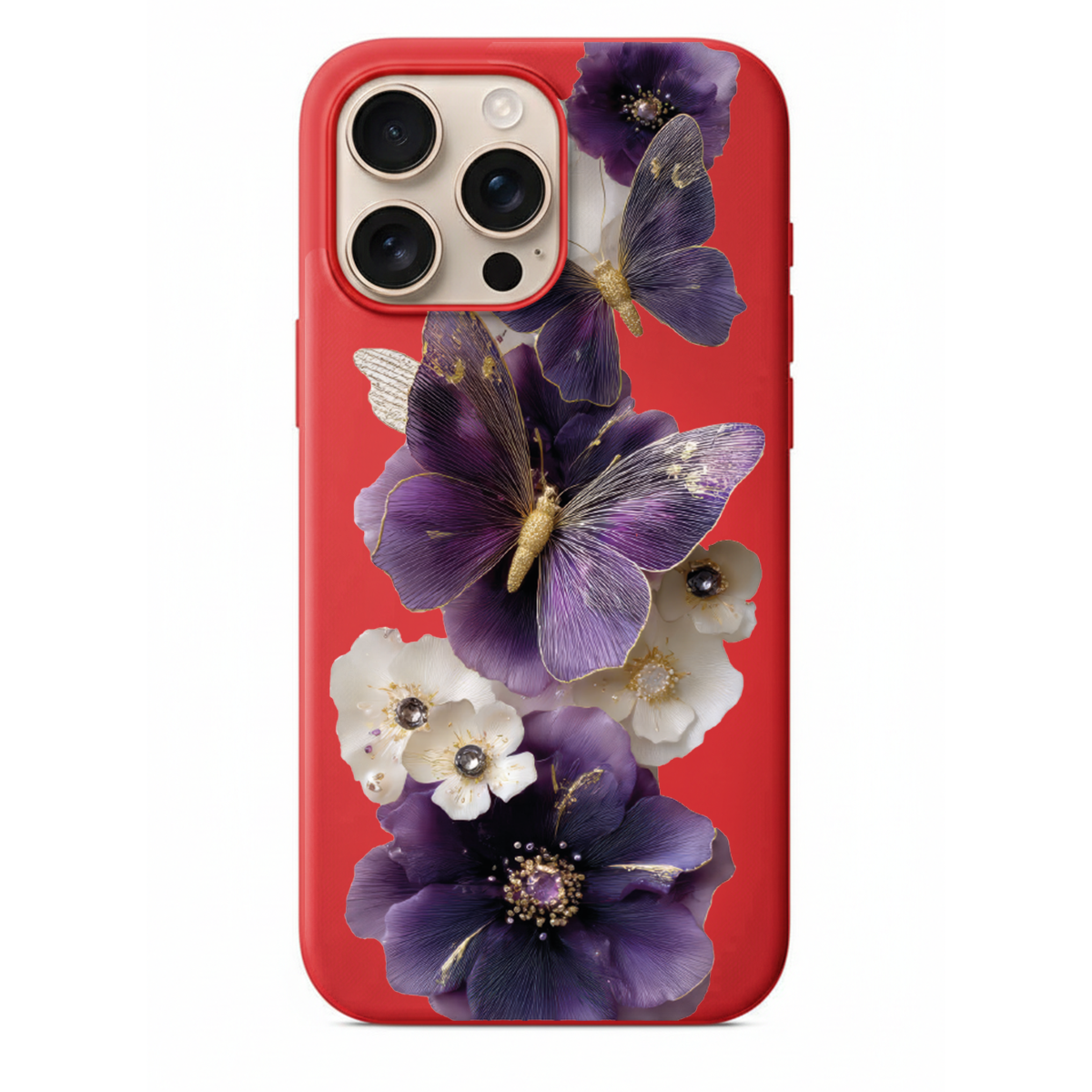 Mor Kelebek ve Altın Detaylı Estetik Telefon Kılıfı - Luxury Floral Özel Seri Lansman Kapak (WV24)