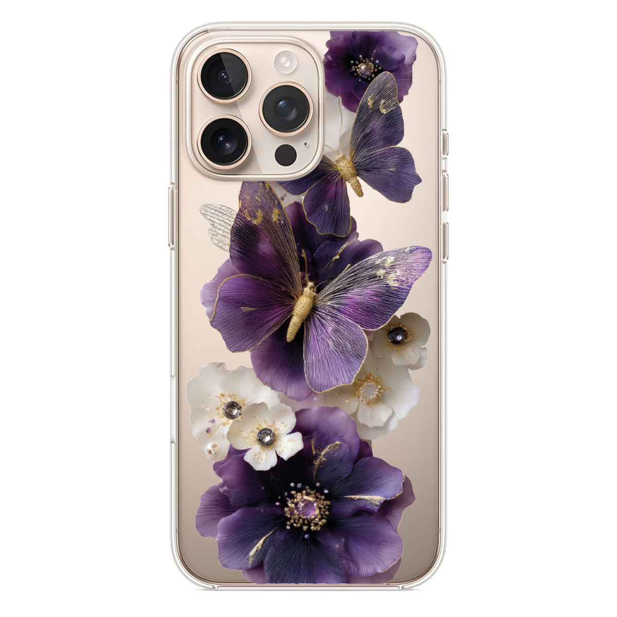 Mor Kelebek ve Altın Detaylı Estetik Telefon Kılıfı - Luxury Floral Özel Seri Lansman Kapak (WV24)