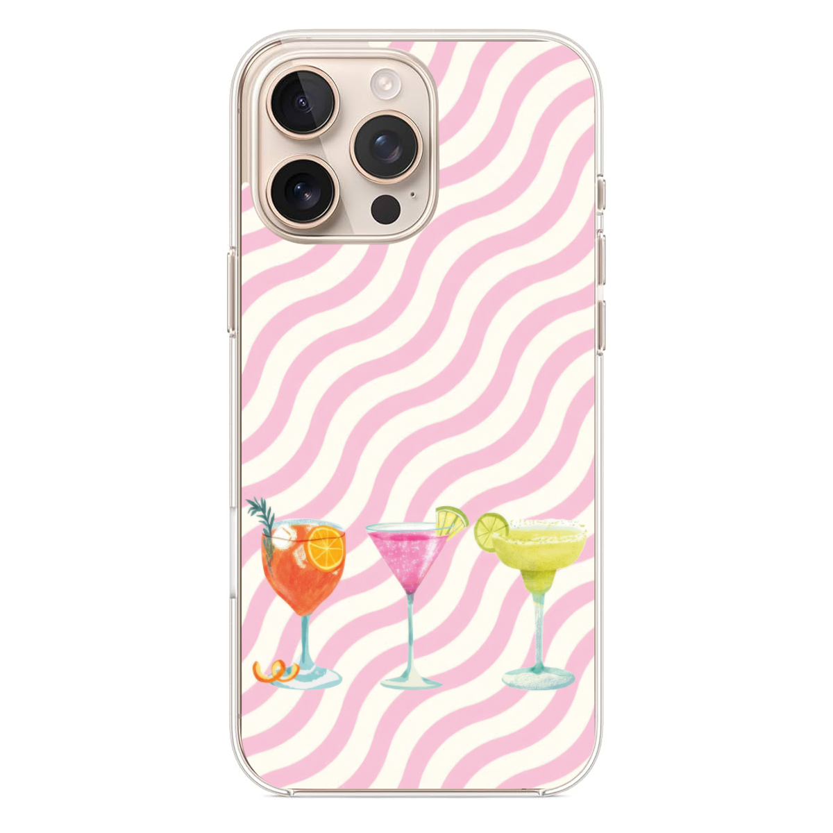 Kokteyl İllüstrasyonlu Pembe Çizgili Telefon Kılıfı (SV55)