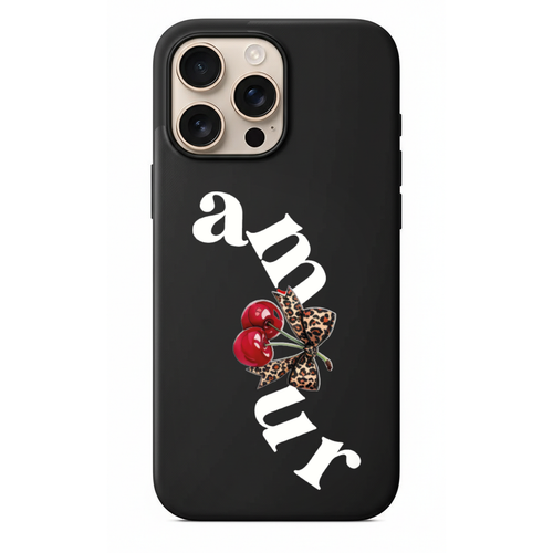 Amour Yazılı Ve Leopar Fiyonklu Kirazlı Minimal Telefon Kılıfı (WV130)