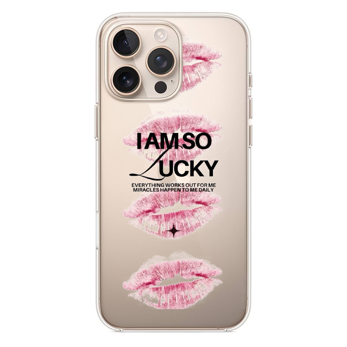 Lucky Charm Serisi I Am So Lucky Yazılı ve Pembe Dudak Temalı Manifest Kılıf (SV21)