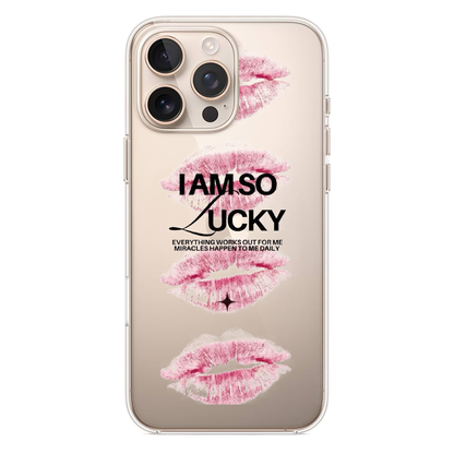 Lucky Charm Serisi I Am So Lucky Yazılı ve Pembe Dudak Temalı Manifest Kılıf (SV21)