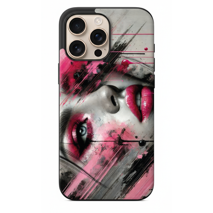 Neon Muse Sanatsal Makyajlı Kadın Portresi ve Pembe-Siyah Soyut Tasarım Kılıf (SV23)