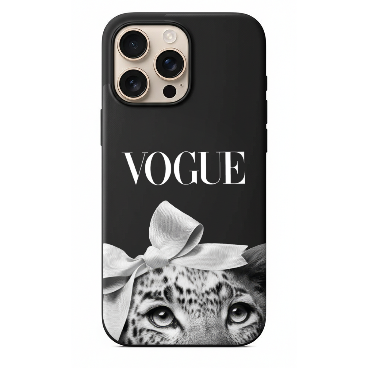 Vogue Editorial İkonik Tipografi, Beyaz Kurdeleli Leopar ve Noir Tasarım Kılıf (WV20)