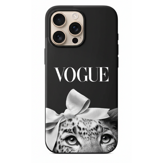 Vogue Editorial İkonik Tipografi, Beyaz Kurdeleli Leopar ve Noir Tasarım Kılıf (WV20)