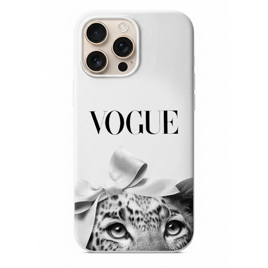 Vogue Editorial İkonik Tipografi, Beyaz Kurdeleli Leopar ve Noir Tasarım Kılıf (WV20)